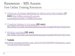 Resources MS Access Free Online Training Resources Using