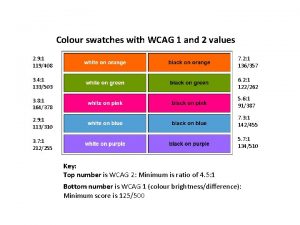 Colour swatches with WCAG 1 and 2 values