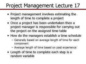 Project Management Lecture 17 Project management involves estimating