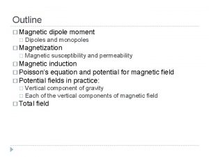 Outline Magnetic dipole moment Dipoles and monopoles Magnetization