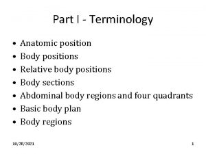 Part I Terminology Anatomic position Body positions Relative