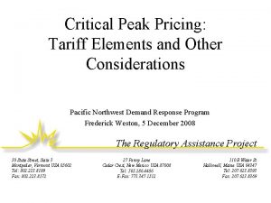 Critical Peak Pricing Tariff Elements and Other Considerations