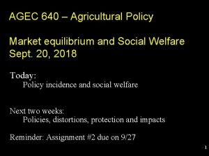 AGEC 640 Agricultural Policy Market equilibrium and Social