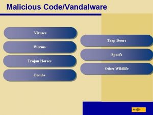 Malicious CodeVandalware Viruses Trap Doors Worms Spoofs Trojan