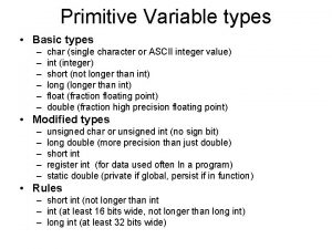 Primitive Variable types Basic types char single character