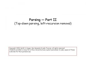 Parsing Part II Topdown parsing leftrecursion removal Copyright