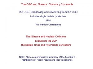 The CGC and Glasma Summary Comments The CGC