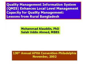 Quality Management Information System QMIS Enhances Local Level