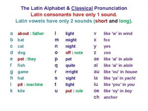 The Latin Alphabet Classical Pronunciation Latin consonants have