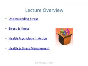 Lecture Overview Understanding Stress Stress Illness Health Psychology