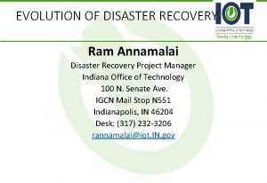 EVOLUTION OF DISASTER RECOVERY Ram Annamalai Disaster Recovery