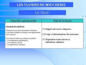 LES VIANDES DE BOUCHERIE LE VEAU Objectifs oprationnels