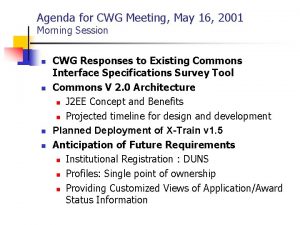 Agenda for CWG Meeting May 16 2001 Morning