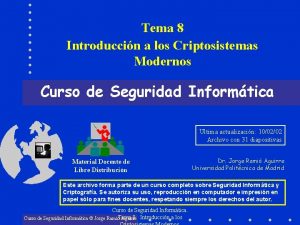 Tema 8 Introduccin a los Criptosistemas Modernos Curso