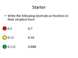 Starter Write the following decimals as fractions in