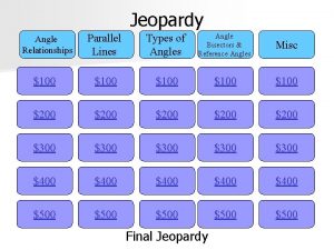 Jeopardy Angle Relationships Parallel Lines Types of Angles