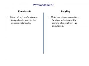 Why randomize Experiments Main role of randomization Assign