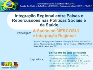 Coordenao Nacional da Sade no MERCOSUL Reunio dos