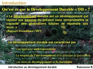 Introduction Quest ce que le Dveloppement Durable DD