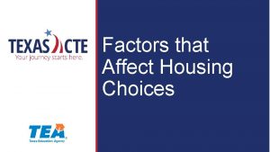 Factors that Affect Housing Choices Copyright Texas Education