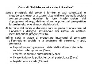 Corso di Politiche sociali e sistemi di welfare