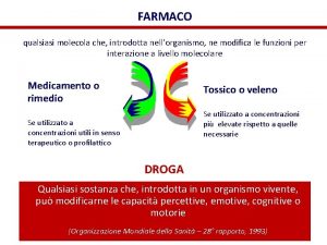 FARMACO qualsiasi molecola che introdotta nellorganismo ne modifica