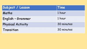 Subject Lesson Time Maths 1 hour English Grammar