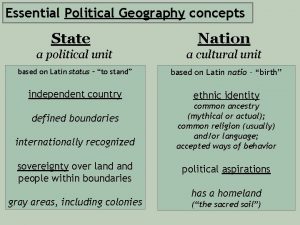 Essential Political Geography concepts State Nation a political