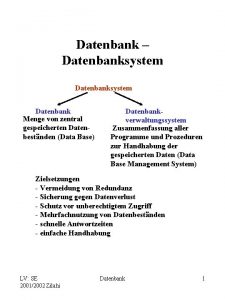 Datenbank Datenbanksystem Datenbank Menge von zentral gespeicherten Datenbestnden