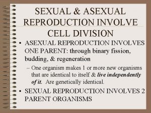 SEXUAL ASEXUAL REPRODUCTION INVOLVE CELL DIVISION ASEXUAL REPRODUCTION