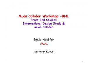 Muon Collider Workshop BNL Front End Studies International