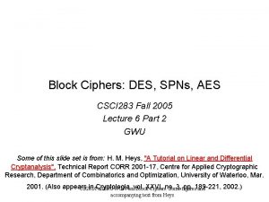 Block Ciphers DES SPNs AES CSCI 283 Fall