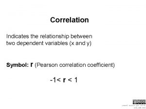 Correlation Indicates the relationship between two dependent variables