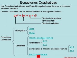Ecuaciones Cuadrticas Una Ecuacin Cuadrtica es una Expresin