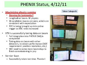 PHENIX Status 41211 Maximizing physics running Starving for