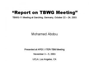 Report on TBWG Meeting TBWG11 Meeting at Garching