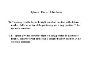 Options Basic Definitions Put option gives the buyer
