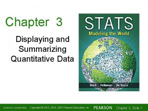 Chapter 3 Displaying and Summarizing Quantitative Data Copyright Chapter 3 Displaying and Summarizing Quantitative Data Copyright