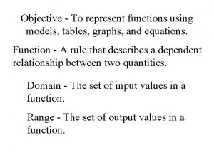 Objective To represent functions using models tables graphs