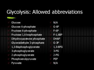 Glycolysis Allowed abbreviations Glucose NA Glucose 6 phosphate