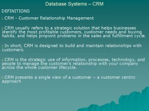 Database Systems CRM DEFINITIONS 1 CRM Customer Relationship