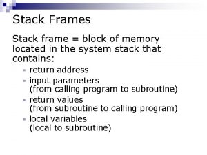 Stack Frames Stack frame block of memory located
