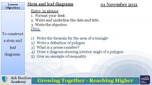 Lesson Objectives Stem and leaf diagrams 01 November