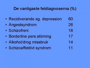 De vanligaste feldiagnoserna Recidiverande eg depression ngestsyndrom Schizofreni