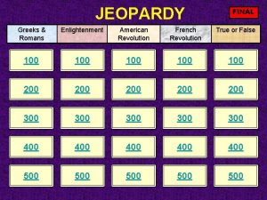 JEOPARDY FINAL Greeks Romans Enlightenment American Revolution French