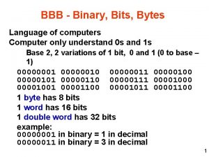 BBB Binary Bits Bytes Language of computers Computer