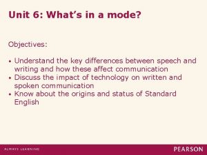 Unit 6 Whats in a mode Objectives Understand