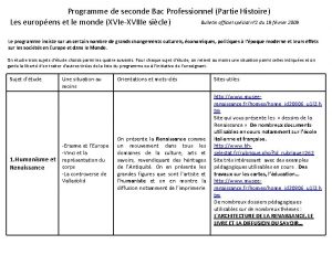 Programme de seconde Bac Professionnel Partie Histoire Bulletin