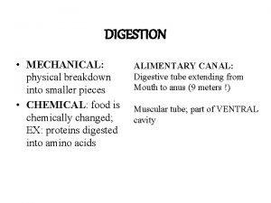 DIGESTION MECHANICAL physical breakdown into smaller pieces CHEMICAL