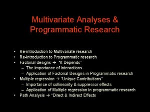 Multivariate Analyses Programmatic Research Reintroduction to Multivariate research